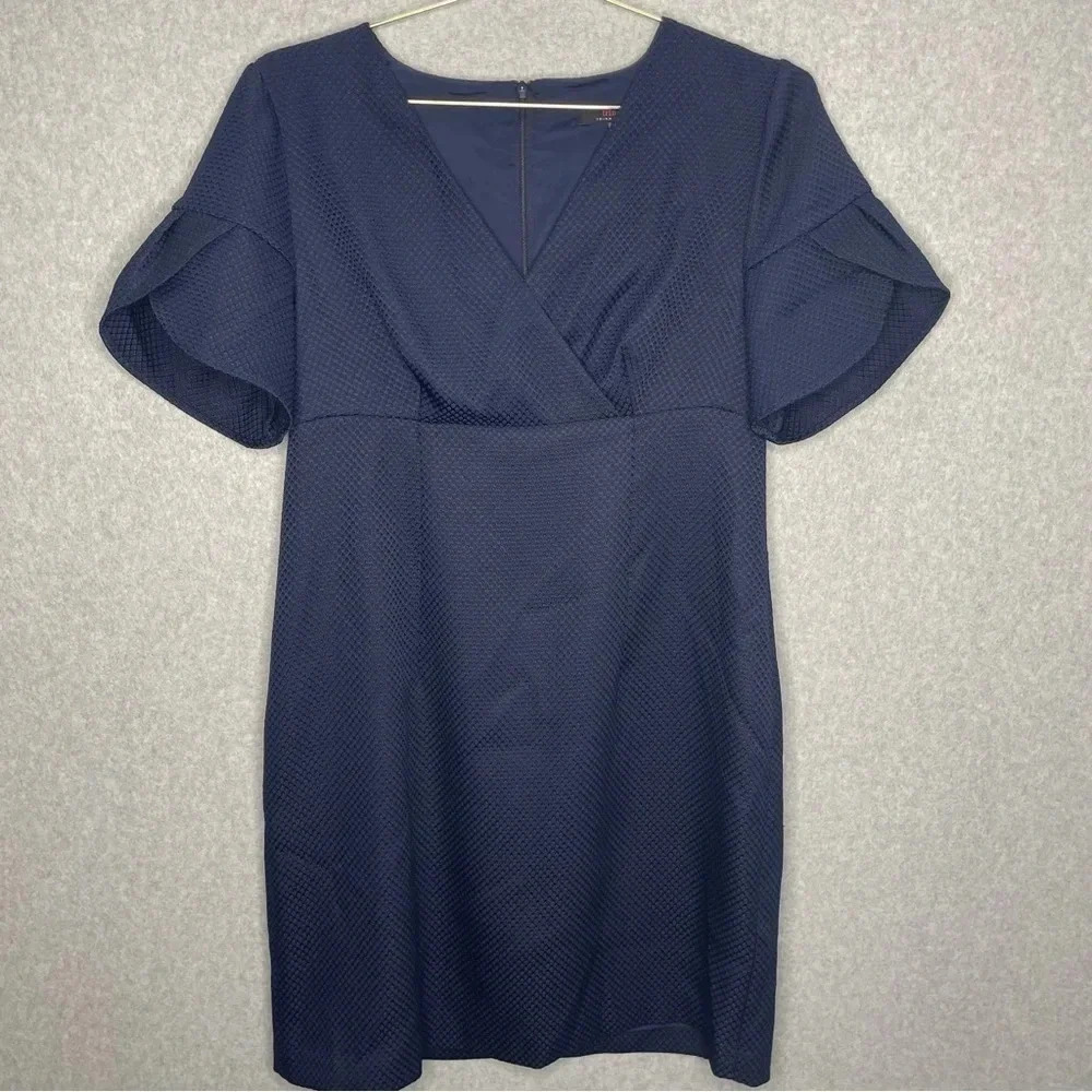 Trina Turk Empire Waist Preppy Career Navy Blue Textured Flutter Sleeve Dress